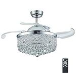 DuMaiWay 36" Chandelier Ceiling Fan, Fandelier, Modern Crystal Retractable Invisible Blade LED Lighting with Remote Control for Bedroom Dining Room Living Room 6 Speed 3 Light Change Silver