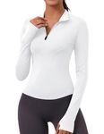 Rapbin Women's Long Sleeve Running Tops Gym Yoga Sport White T-Shirts Slim Fit Top with Half Zip and Thumb Holes White M