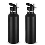 Neihepal 24oz Insulated Water Bottles Bulk 2 Pack,Stainless Steel Double Wall Sport Bottle with Straw Lid,Metal Reusable Thermoses Cup with Hand Cap for School,Cyclists,Hikers,Gift (Black,Set of 2)