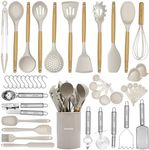 Silicone Kitchen Utensils Set, 46 pcs Cooking Utensils Set-Silicone Spatula Set- Kitchen Gadgets and Tools with Holder-Wooden Handle Silicone Kitchen Utensil with Tongs,Grater (Khaki)