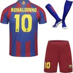 Soft Gardin Barcelona Kids Vintage 2005 Ronaldinho #10 Limited Edition Home Football Jersey Shorts Socks Gift Set Retro Youth Sizes (Blue, 28)