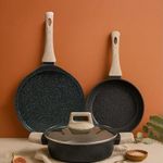 SOLARA Belmont Ceramic Non Stick Cookware Set, Tawa 28cm + Frypan 24cm + Low Casserole with Glass Lid 2.2 Litre/24cm, Gas & Induction Compatible, Carbon