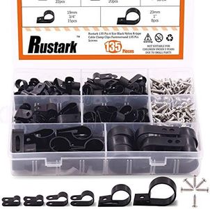 Rustark 135 Pcs 6 Size Black Nylon R-Type Cable Clamp Clips Fasteners Assortment kit with Mounting Screw and 135 Pcs Screws Organizer Cord Clips for Wire Management