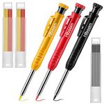 Hiboom 3 Pack Solid Carpenter Pencil with 21 Refill, Long Nosed Deep Hole Mechanical Pencil Marker with Built in Sharpener for Carpenter, Design Patent(Yellow, Red, Black Cover)