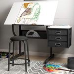 DlandHome Drafting Table Adjustable Drawing Table Craft Station Center with Stool and Storage Drawers, DCA-CZKLD-029