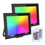 RIGIDON 2 Pack 100W LED Flood Light Outdoor, 16 Colour Changing IP66 Waterproof RGB Flood Lights with Remote Control for Garden Yards Stage House Landscape Lighting