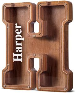 Summidate Customized Name Extra Large Wooden Piggy Bank for Kids Boys Girls Letter A-Z Coins Bills Money Change Bank Box Clear Cover (Laser Engraved) Educational Toys 12"- Letter H