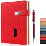 A5 Lined Leather Journal with Pen, 240 Pages Refillable Hardcover Notebook with Pocket and Magnetic Buckle, 80gsm Thick Daily Diary for Men and Women, Great Gift for Business School Travel Personal - Red