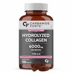 Carbamide Forte Hydrolyzed Marine Collagen Peptides Tablets | 6000mg Type 1 & 3 Collagen Powder for Joint Support,Glowing Skin & Hair | Collagen Supplements for Women & Men - 180 Tablets