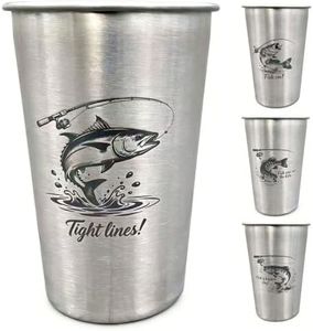 LVDGE 4 Pack 16oz Stainless Steel Cups - Unique Laser-Engraved Fish Graphics, Stackable Durable Metal Cold Drink Cups for Fishing Trips, Outdoor Gatherings & Parties (Fishing)