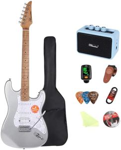 Bullstar Solid Body Electric Guitar Kit -39in Starter Guitar Kit with Metallic finish, Guitar Case, Amplifier Gig Bag, Strings, Strap, Cable, Picks(Silver)