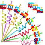 24 Pack Train Theme Shaped Straws Reusable Plastic Straws Drink Cocktail Straws with Cartoon Decoration Kids Train Party Supplies Birthday Party Favors with 2 Cleaning Brushes