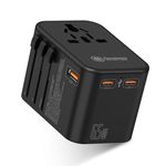 Destinio Universal Travel Adapter - Type C 65W GAN - 4 in 1 Fast Charging International Travel Adapter; 2 x Type C, 1 x USB; All in One Universal Adapter for US, UK, Europe, (Black, 1 Unit)