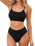 CUPSHE Women's Bikini Set Two Piece Swimsuit High Waisted Scoop Neck Knit Black Swimwear L