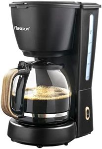Bestron Cafetera con filtro para 10 tazas de café, incluye jarra de cristal de 1,5 litros, filtro permanente y placa calentadora, 1000 W, diseño negro y madera, color negro y madera