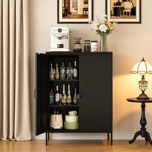 XIOMIOHTRQ Metal Locker Cabinet, Black Storage Cabinets with 2 Doors and Adjustable Shelves, 3 Tier Modern Storage Freestanding Sideboard for Living Room,School,Office Home Kitchen and Coffee Bar