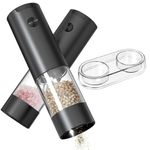 CIRCLE JOY Salt and Pepper Grinder Set Electric, Battery Powered Spice Mills with Storage Base, Washable Container, White LED Light and Adjustable Coarseness, Black