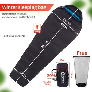 QEZER 4-Season Down Sleeping Bag – Black, Lightweight Camping Gear