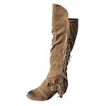 2024 Casual Shoes The For Women Boots Fringe Retro Knee Over Long Heels Boots Women's Boots Calf High Boo, Khaki, 7