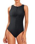 Tempt Me Women Athletic One Piece Swimsuit Zipper High Neck Bathing Suit Racerback Swimwear, Black, Medium