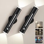 Hapfish Battery Operated Wall Lights 2 Pack, Motion Sensor Rechargeable Wall Sconces Lights Indoor, Metal Magnetic Wireless Rotatable, Stick on LED Night Lamp for Outdoor Bedroom Porch Bathroom