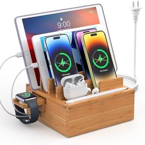 Pezin & Hulin Bamboo Charging Station with Multi Ports HUB, Desktop Charger Block, Compatible with Tablet, Cell Phone, Earbuds, Smartwatch, and More