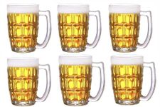 DOMINGO HUB® Classic Heavy Base Beer Glass 400 ML Set of 6 Italian Style Jumbo Beer Mug with Handle Classic Design Crystal Clear Glass Whisky, Wine, Vodka, Juice, Tea, Coffee Glass for Home Bar