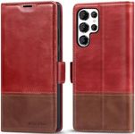 KEZiHOME for Samsung Galaxy S24 Ultra Case, Genuine Leather [RFID Blocking] Galaxy S24 Ultra Wallet Case, Card Slot Flip Kickstand Magnetic Phone Cover Compatible with Samsung S24 Ultra (Red/Brown)