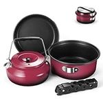 Odoland 5pcs Camping Cookware Mess Kit, Non-Stick Lightweight Pot Pan Kettle Set with a removable handle - Perfect for Backpacking, Camping, Hiking, and Picnic Red