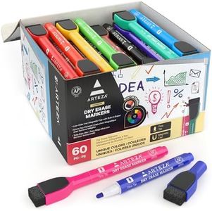 ARTEZA Magnetic Dry Erase Markers with Eraser Pack of 60, Fine Tip, 12 Assorted Colors with Low-Odor Ink, Whiteboard Pens