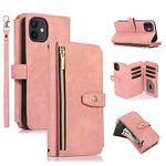 UEEBAI Case for iPhone 11 6.1 inch, 9 Card Slots Retro Leather Wallet Shockproof Flip Cover with Hand Strap Card Slots Zipper Pocket Kickstand Handbag Magnetic Closure - Vintage Rose Gold