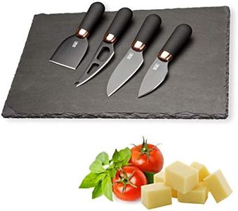 Slate Cheese Board & Cheese Knife Set - Anti Bacterial Black Ceramic Coated, Black Blades and Back Ergonomic, Soft Grip Handle - Shiny Copper Bolster - 30 x 20 x 0.6cm Slate Board.