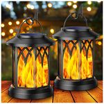 KOOPER Solar Lights Outdoor Garden, 2 Pack Hanging Solar Garden Lanterns with Realistic Flickering Flame LED, Waterproof Flame Effect Solar Garden Ornaments for Decoration Garden Pathway Patio