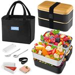 HOLIPOT Bento Box Japanese Lunchbox 2 Tiers Lunch Box with 4 Pcs Eco-Friendly PP & Stainless Steel Containers, Fork Spoon for Adults Men Women and Kids Boys Girls Meal Prep, Snack Packing (BPA Free)