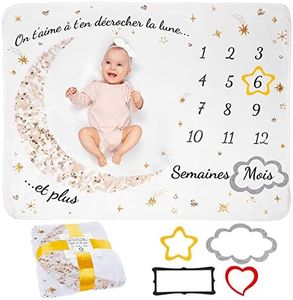 ODOXIA Couverture Etape Bébé en Français | Tapis Mois Bebe Garçon Ou Fille, Unisexe | Lune, Étoiles | Cadeau Baby-Shower Personnalisé Jeunes Mamans | Tapis Photo Bebe | Doux, Confortable