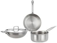 Amazon Brand - Solimo Triply Stainless Steel 3 Piece Cookware Set(Kadhai/Wok with Lid-24 Cm,Fry Pan-24 Cm&Tea/Milk Saucepan-16 Cm) Induction and Gas Stove Compatible|Dishwasher Safe,Silver