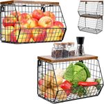 EIIEHX 2 Tier Hanging Fruit Basket, Attic Fruit Basket, Kitchen Fruit Hanging Basket, Black Metal Wall Mount with Wooden Lid, Stackable and Wall Mountable for Vegetables, Fruits and Snacks