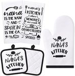 Gandeer 5 Pieces Nana Kitchen Set Includes 2 Pieces Nana Dish Towels 2 Pieces Nana Oven Pads Pot Holder Nana Oven Mitt Nana Gift for Home Birthday Kitchen Cooking Baking (Nana Style)