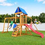 SUNIBOXI Wooden Swing Sets for Backyard, Kids Outdoor Playground Set with Monkey Bars, Wave Slide, 2 Belt Swings, Climbing Ladder, Rock Wall, Play Deck with Canopy