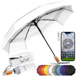 Royal Walk Windproof Folding Travel Umbrella Compact and Strong Luxurious Real Wood Handle Automatic Open Close Vented Double Canopy for Men and Women (White)