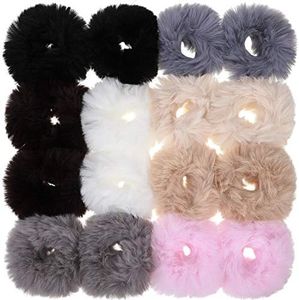 16 Pieces Fur Hair Scrunchies Rabbit Furry Hair Ties Pom Elastic Hair Bobbles Fluffy Ponytail Holder Pompom Ball Scrunchie Hair Band for Women Girls Hair Accessories(Color Set 1)