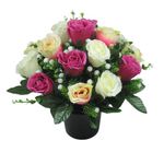 Artificial Flower Arrangement in Grave Pot, with a mix of Raspberry and Lemon Roses