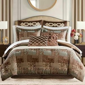 Croscill King Comforter Set, Luxe Chenille Jacquard Patchwork, Microfiber Twill Comforter for a King-Size Bed, Oversized Comforter King Bedding, 2 Shams & Bedskirt, Galleria, King, Brown