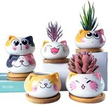 YINUOWEI Succulent Pots with Drainage 3.6 Inch Mini Cat Pots for Plants Tiny Animal Planter Small Ceramic Air Plant Flower Pots Cactus Faux Planters Containers with Bamboo Tray