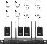 Phenyx Pro Wireless Microphone System, UHF 4-Channel Wireless Mic Set w/ 4 Bodypacks and Headsets/Lapel Mics, 4x40 Frequencies, Auto Scan,328ft Coverage, Mic for Singing, DJ, Church(PTU-7000-4B)