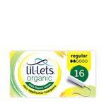 Lil-Lets Organic Non-Applicator Regular Tampons, 16 Count (Pack of 1), for Light to Medium Flow, Made with 100% Organic Cotton, GOTS Certified, Vegan Organic Tampons, Plastic Free Period Care