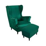 Highdi Velvet Wingback Chair Covers 2 Piece with Ottoman Cover, Stretch Wing Chair Slipcover, Washable Spandex Fabric Sofa Cover Furniture Protector for Armchair Chairs Bedroom Hotel (dark green)