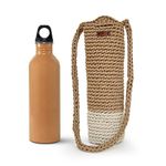 Kind Strings Sling Bottle Bag Wine Bottle Gift Bag Handmade Eco-Friendly Crochet Knitted Sling Water Bottle Cover for 1 Litre Bottles for Office & Travel (Beige & Off White)