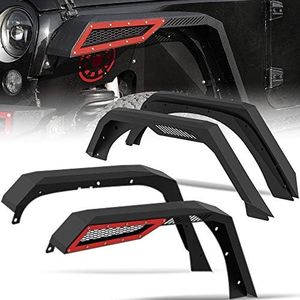 oEdRo Front & Rear Fender Flares Compatible with 2007-2018 Jeep Wrangler JK & JKU Unlimited(2-Door & 4-Door), Textured Black & Red Off-Road Metal Steel Wheel Flares 4 PCS Set