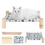 Cat Hammock Bed, TUSATIY Solid Wooden Removable Washable Cat Bed, Elevated Pet Sleeping Bed Breathable Fit for Cats and Puppies | Easy to Assemble (Blue cat on White)